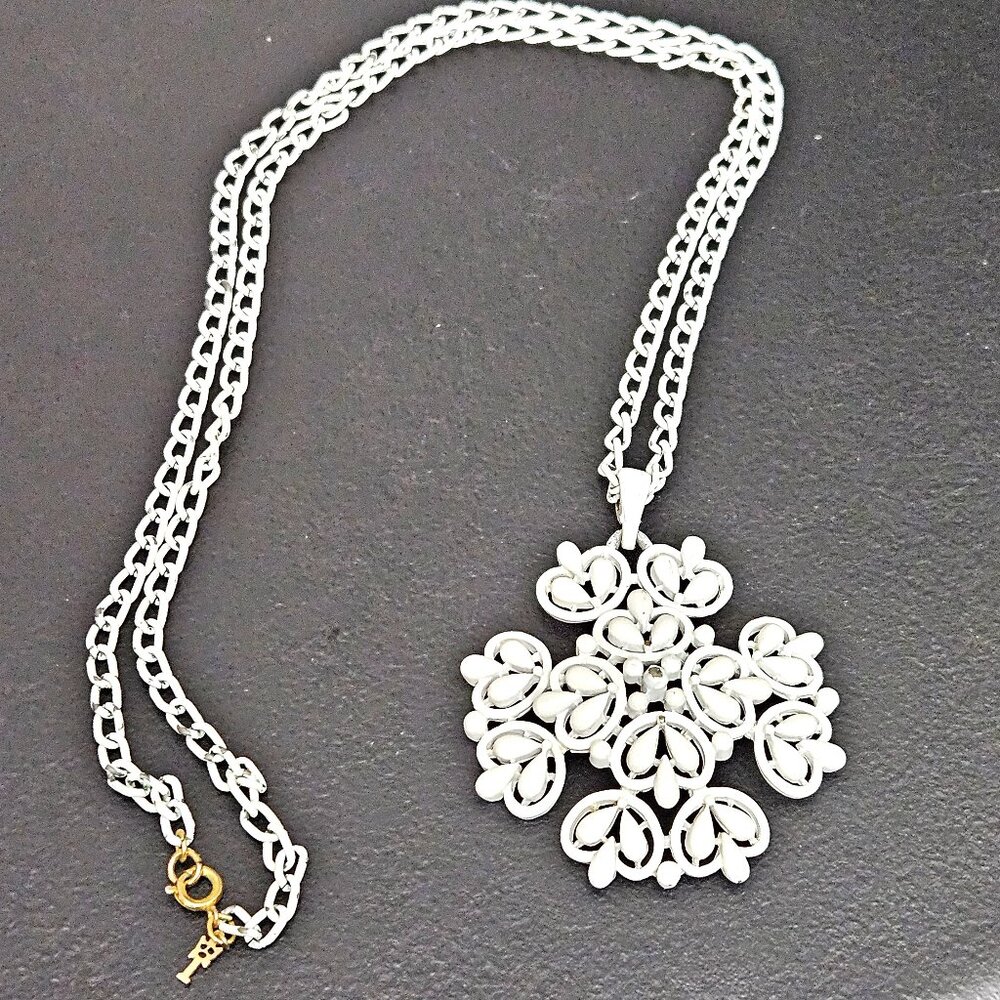 VintageTrifari White Enamel Chain and Pendant Cross Necklace